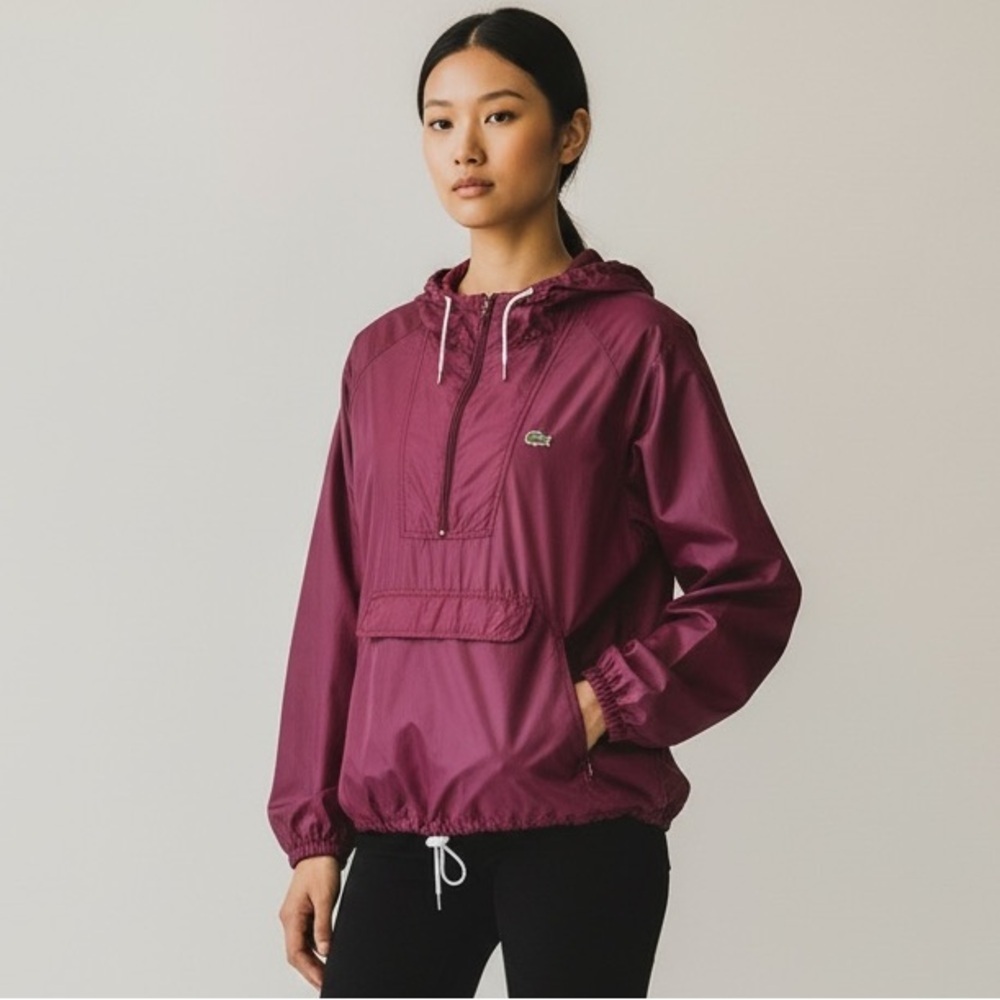 IZOD LACOSTE Vintage Maroon 1/4 Zip Hooded Windbreaker Size M